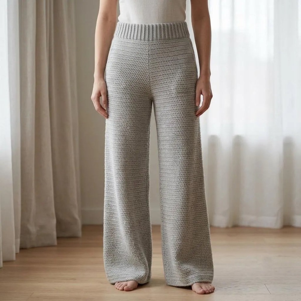 Boho Fall Free People Beach Gray Cotton Knit Wide Leg Pants High Rise Size L